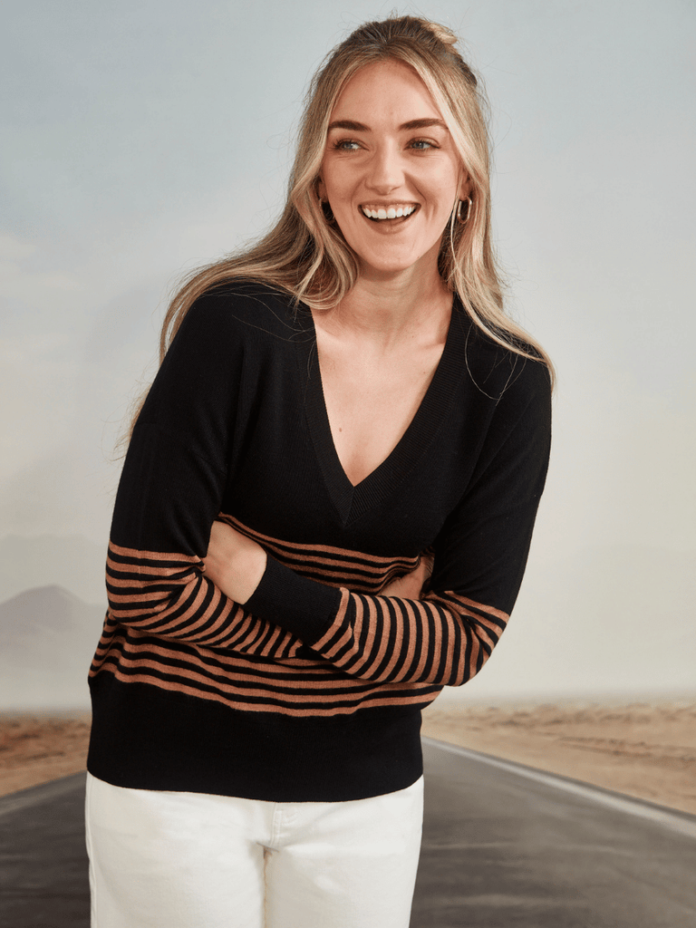 VERGE Brag Sweater in Black Stripe Verge Stockist Online Australia Signature of Double Bay Mature Fashion Acrobat Flattering