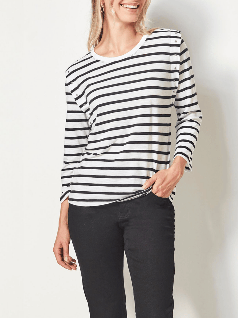 VERGE Nero Black and White Stripe Top 9338 Verge Stockist Online Australia Signature of Double Bay Mature Fashion Acrobat Flattering