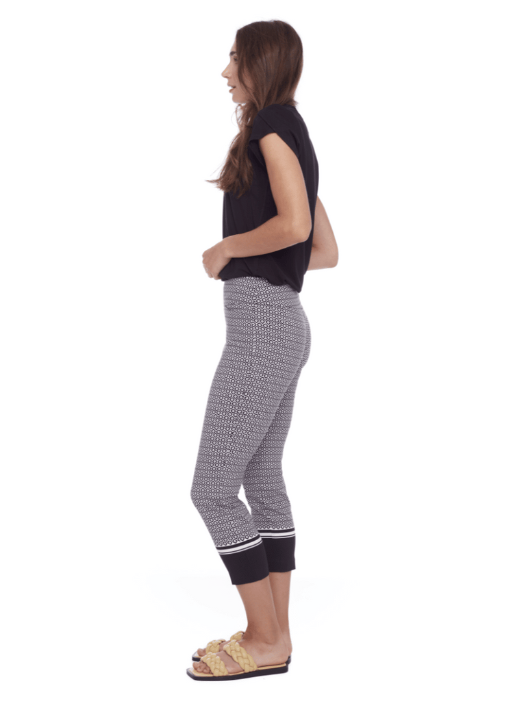 UP! PANTS 25” Tummy Control Slim Leg Crop Pant in Black and White Border Print 68113 Up Pants Tummy control stockist online Australia flattering body contouring shaping pants high rise waistband signature of double bay Sydney fashion