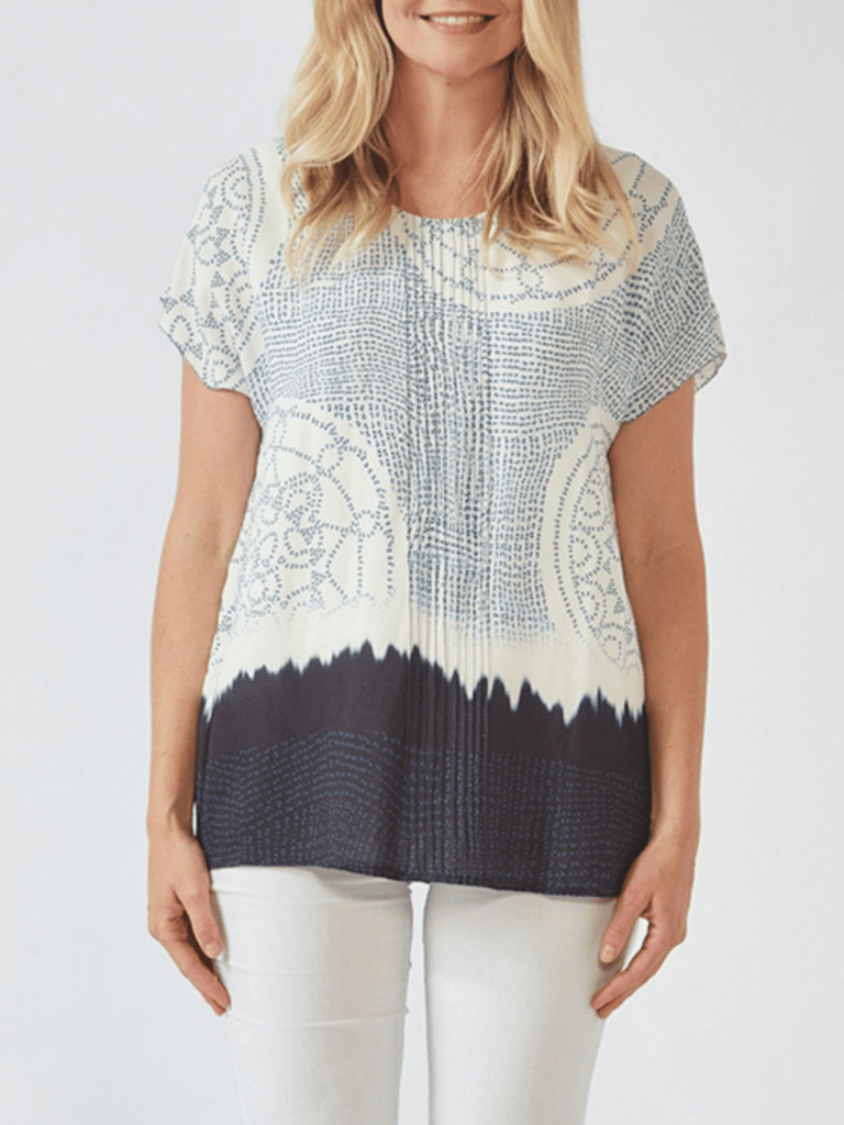 VERGE Coya Print Top in Blue 9490 Verge Stockist Online Australia Signature of Double Bay Mature Fashion Acrobat Flattering