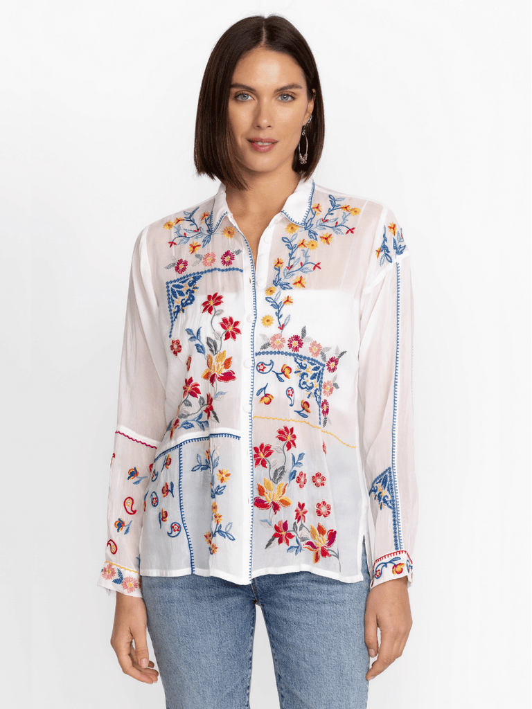 Johnny Was Zodea Button Front Collar Blouse with Floral Embroidery C14124 Shop Johnny Was Stockist Sydney Australia Boho Chic Clothing, Embroidered Dresses, and Unique Tops at Signature of Double Bay