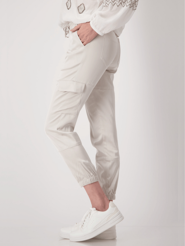 Monari Satin Cargo Jogger in Light Sand Discover the Elegant Monari Collection at Signature of Double Bay, Shop Stylish Knitwear, Dresses, and Tops Online from Sydney's Premier Mature Fashion Boutique