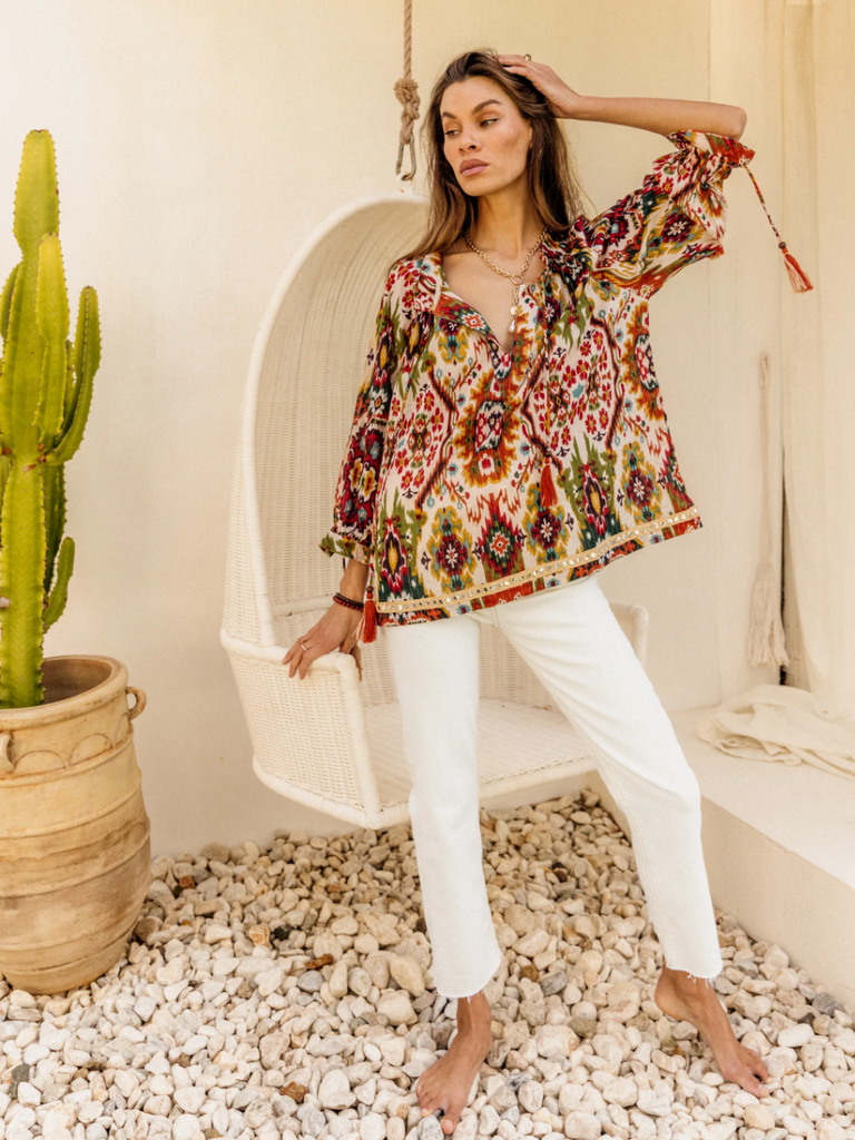 I Am Pylgrym Santorini Top in Moon Beam Ikat I Am Pylgrym pilgrim official stockist sydney online Signature of Double Bay in stock womens bohemian coastal clothing bold prints kaftans long dresses