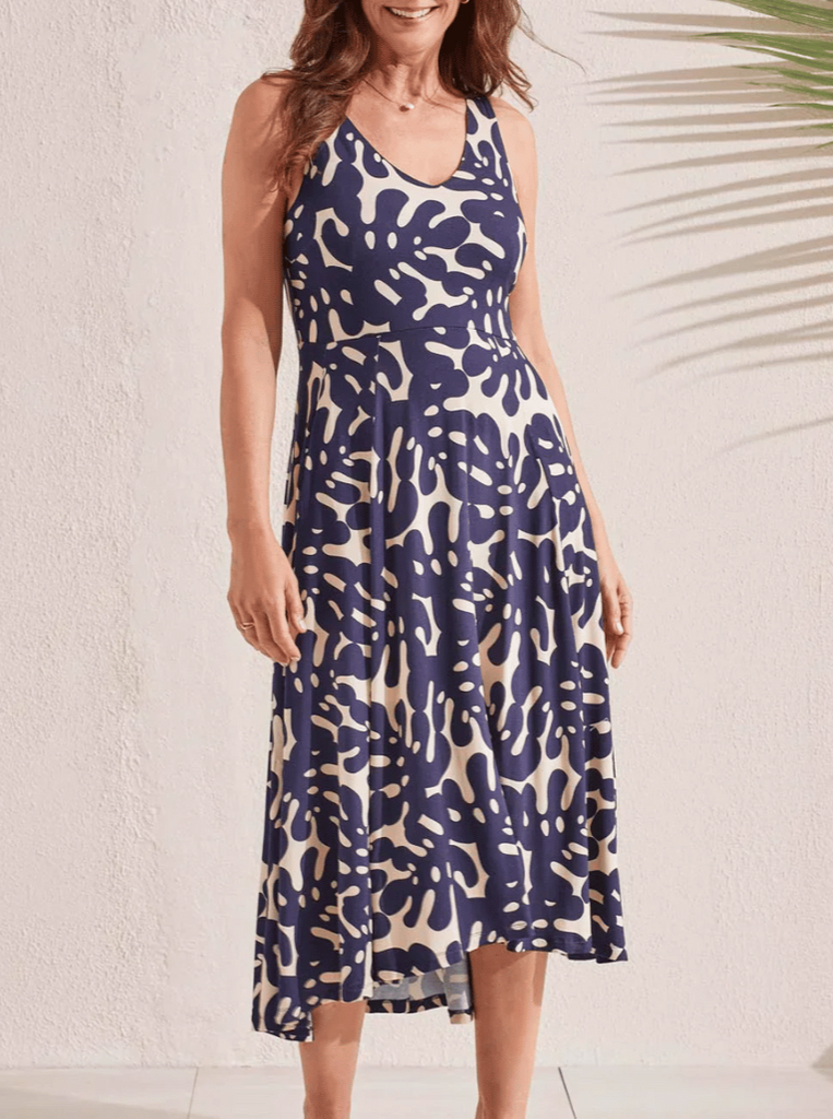 TRIBAL FASHION CANADA High-Low Cut Sleeveless Midi Dress in Blue and Cream Print Official Tribal Fashion Canada Stockist Sydney Australia Online Buy Signature of Double Bay