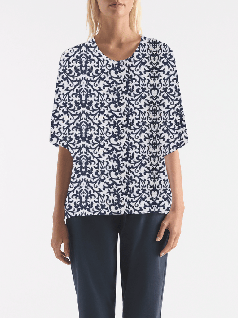 Mela Purdie Plaza T in Navy and White Quill Print Stretch Charmeuse 2250 Mela Purdie Stockist Online Australia Signature of Double Bay Tops Dresses Elegant Clothing