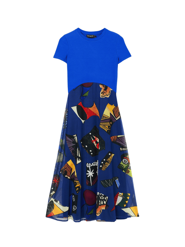 Desigual Christian Lacroix Short Sleeve Round Neck Midi Dress in Blue VK47 Shop Desigual Stockist Online Australia Signature of Double Bay Fashion Ethical mature fashion