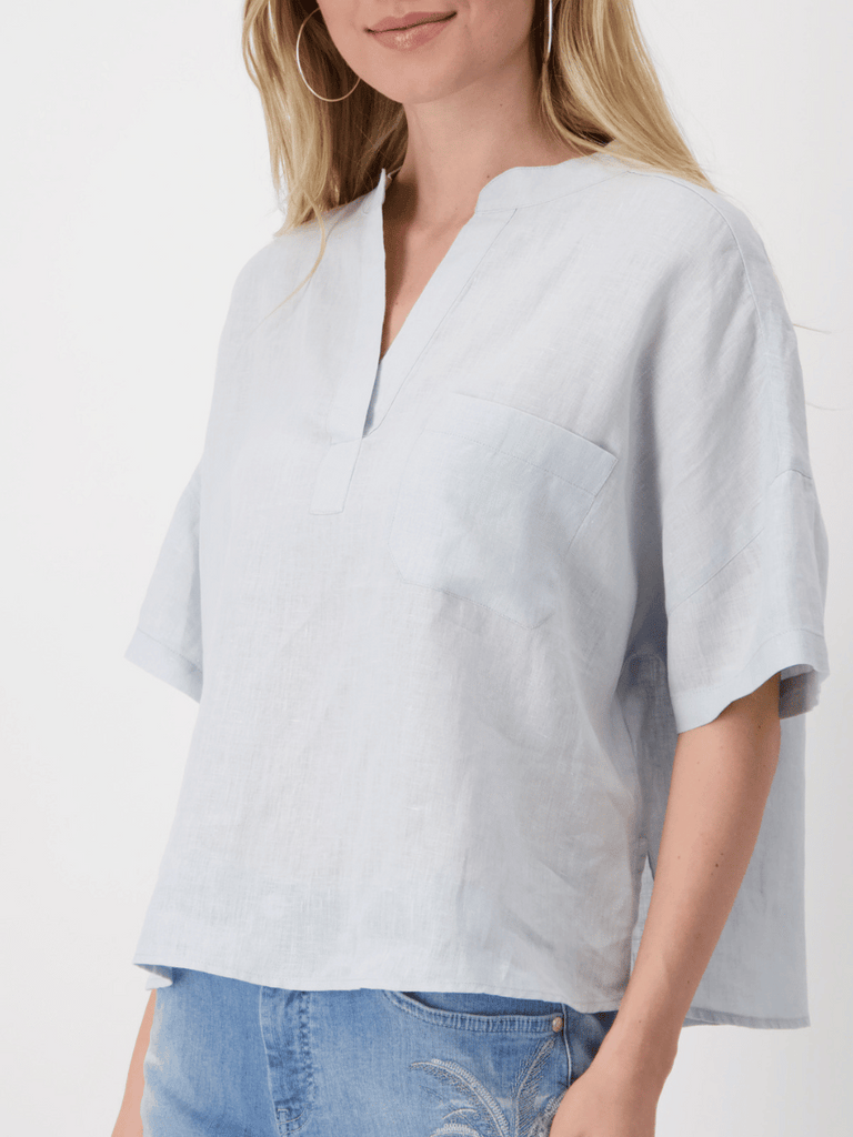 Monari Oversize Linen Blouse in Sky Blue Discover the Elegant Monari Collection at Signature of Double Bay, Shop Stylish Knitwear, Dresses, and Tops Online from Sydney's Premier Mature Fashion Boutique