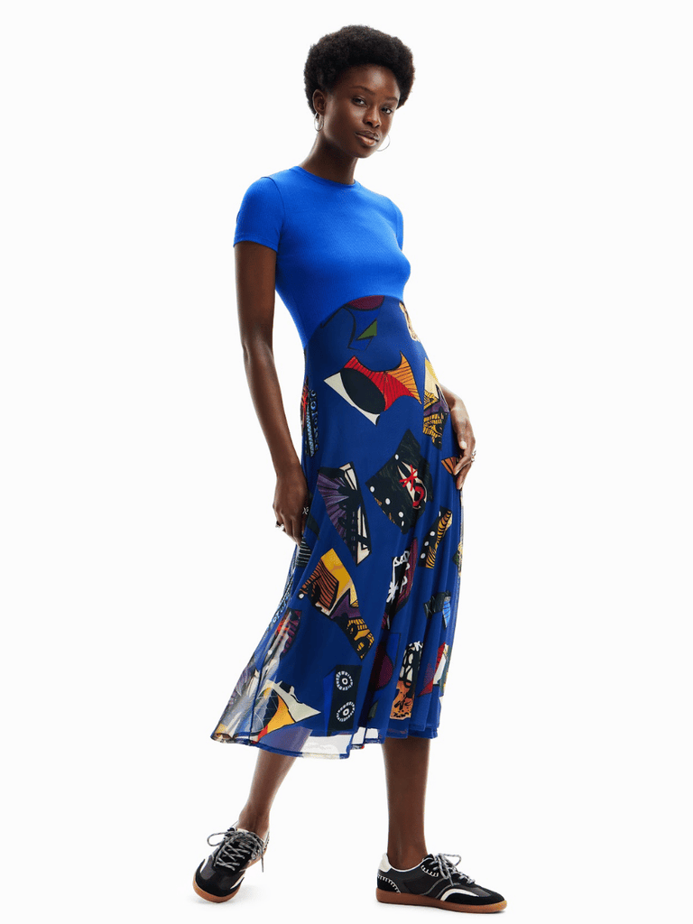 Desigual Christian Lacroix Short Sleeve Round Neck Midi Dress in Blue VK47 Shop Desigual Stockist Online Australia Signature of Double Bay Fashion Ethical mature fashion