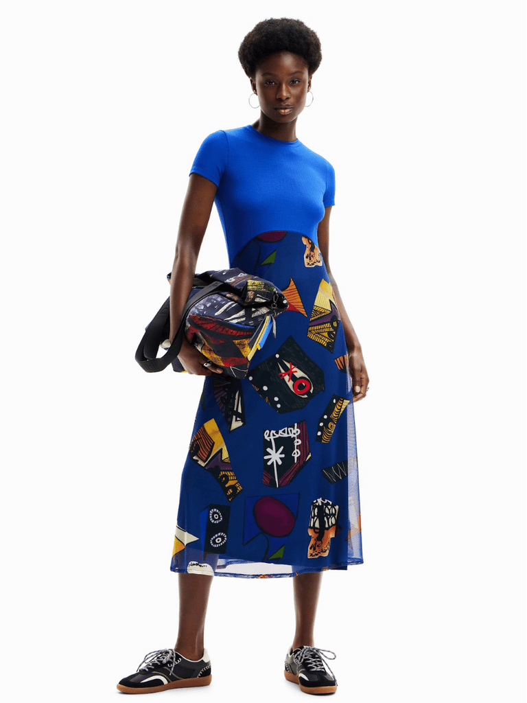 Desigual Christian Lacroix Short Sleeve Round Neck Midi Dress in Blue VK47 Shop Desigual Stockist Online Australia Signature of Double Bay Fashion Ethical mature fashion