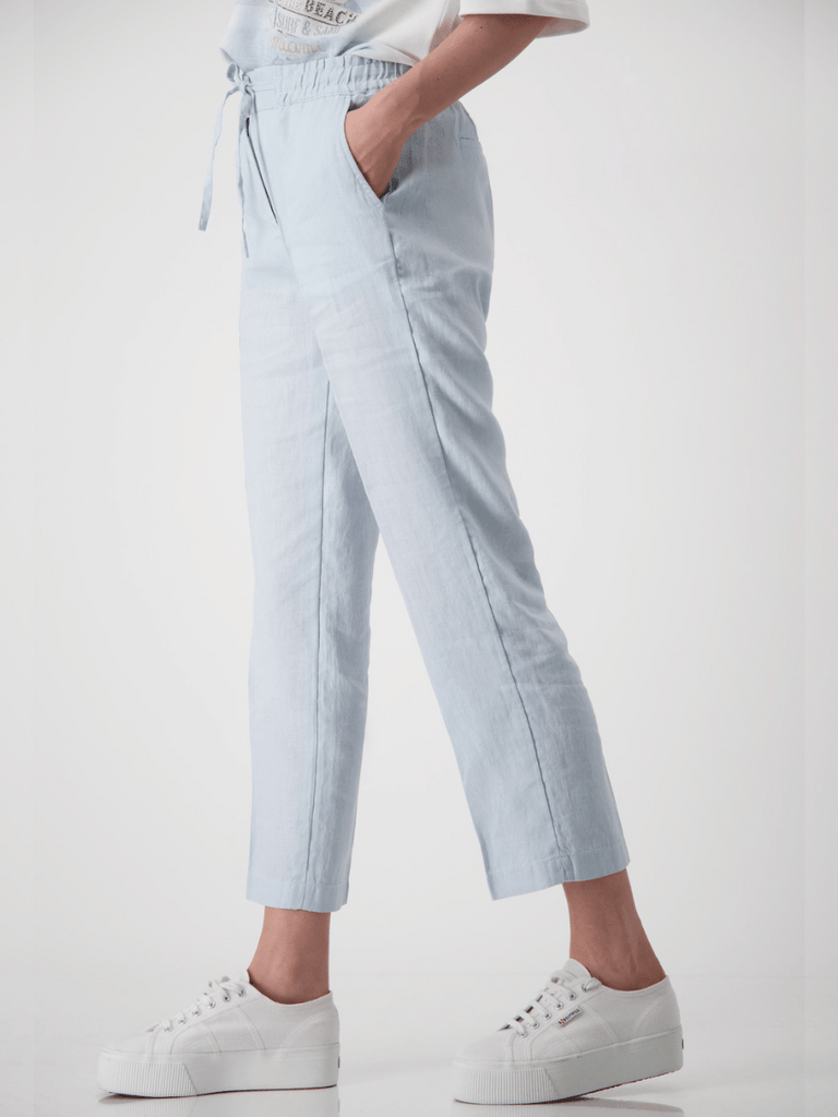 Monari 7/8 Length Linen Straight Leg Pant in Sky Blue Discover the Elegant Monari Collection at Signature of Double Bay, Shop Stylish Knitwear, Dresses, and Tops Online from Sydney's Premier Mature Fashion Boutique