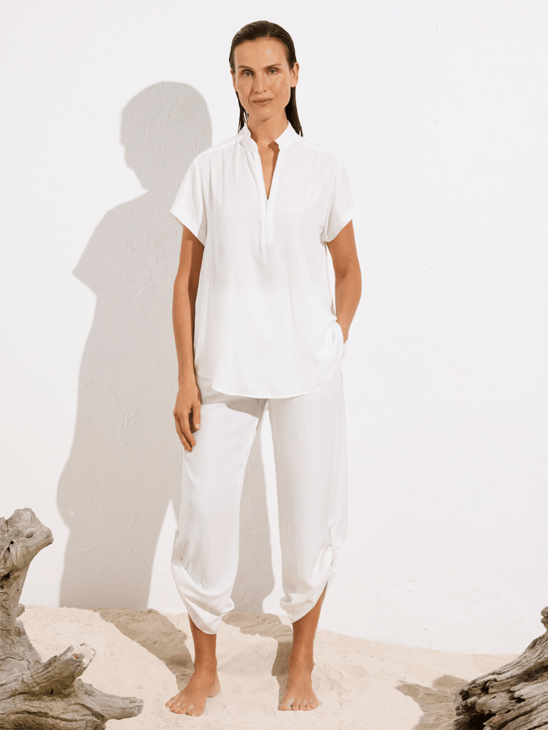 Mela Purdie Zip Stand Shirt in White Maché 8599 Mela Purdie Stockist Online Australia Signature of Double Bay Tops Dresses Elegant Clothing