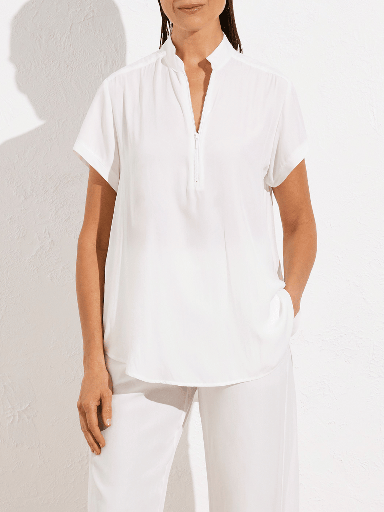 Mela Purdie Zip Stand Shirt in White Maché 8599 Mela Purdie Stockist Online Australia Signature of Double Bay Tops Dresses Elegant Clothing