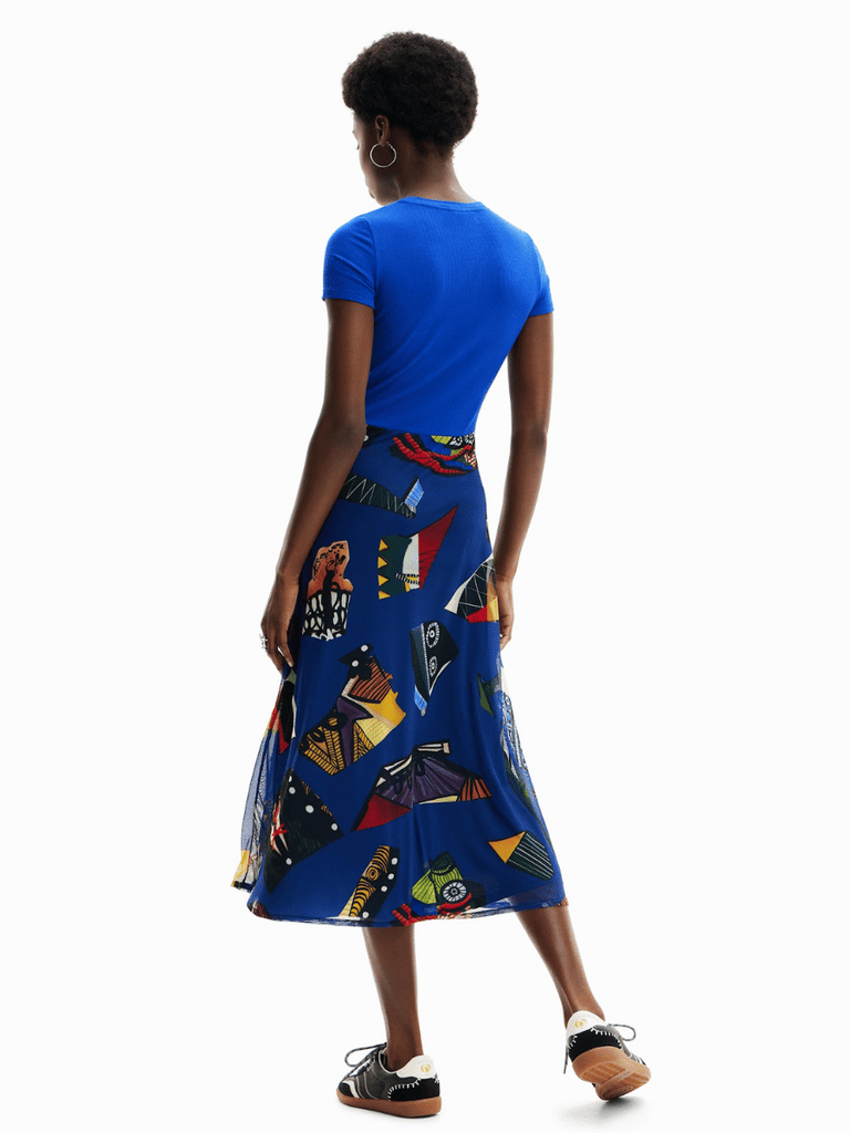 Desigual Christian Lacroix Short Sleeve Round Neck Midi Dress in Blue VK47 Shop Desigual Stockist Online Australia Signature of Double Bay Fashion Ethical mature fashion