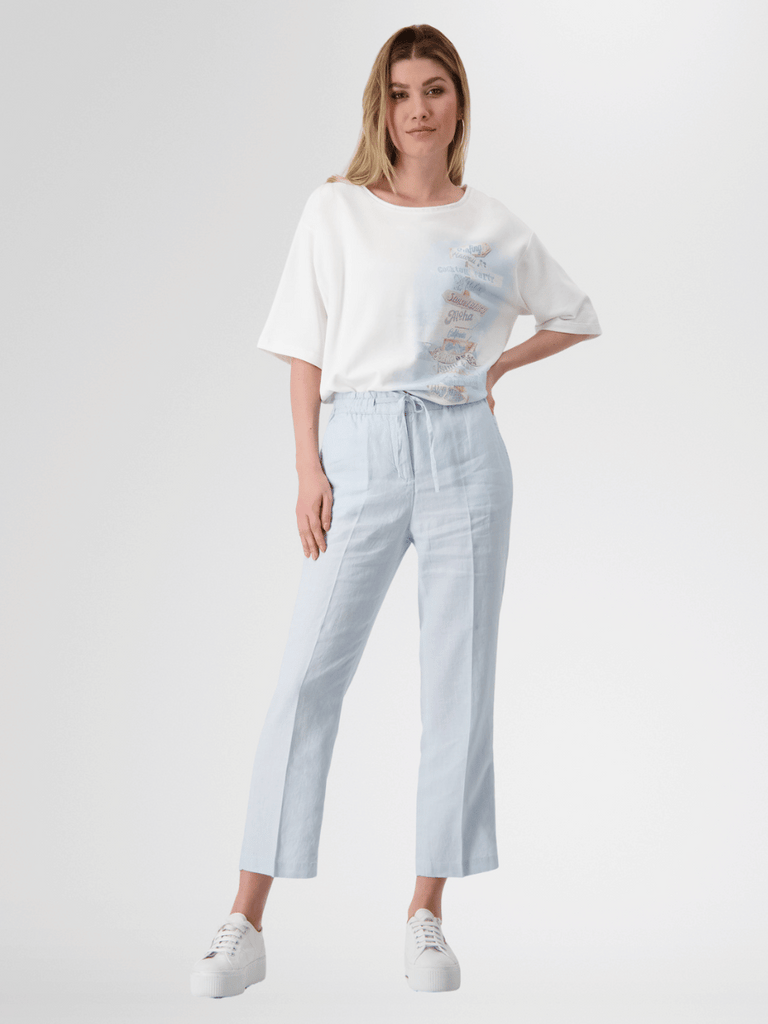 Monari 7/8 Length Linen Straight Leg Pant in Sky Blue Discover the Elegant Monari Collection at Signature of Double Bay, Shop Stylish Knitwear, Dresses, and Tops Online from Sydney's Premier Mature Fashion Boutique