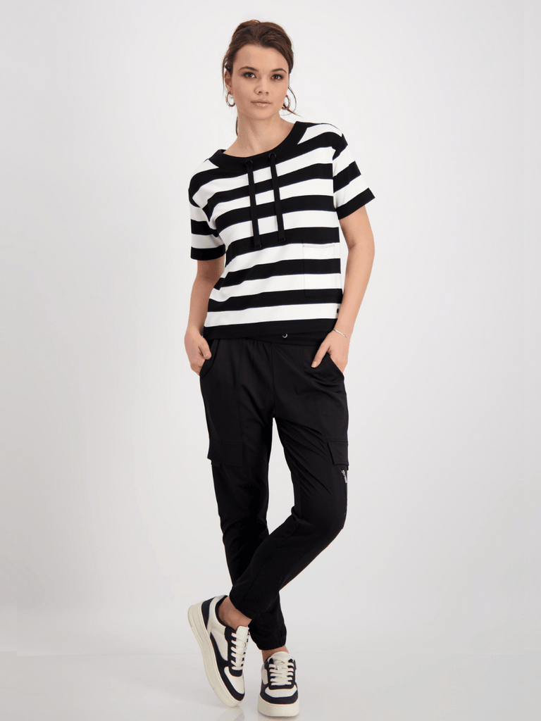 Monari Short Sleeve Tee in Black and Cream Block Stripe Discover the Elegant Monari Collection at Signature of Double Bay, Shop Stylish Knitwear, Dresses, and Tops Online from Sydney's Premier Mature Fashion Boutique