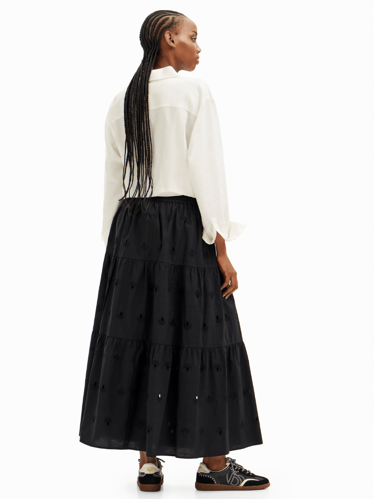 Desigual Embroidered Midi Skirt in Black FW05 Desigual Stockist Online Signature of Double Bay European Spanish Fashion Mature Fashion jackets Blazers dresses shirts