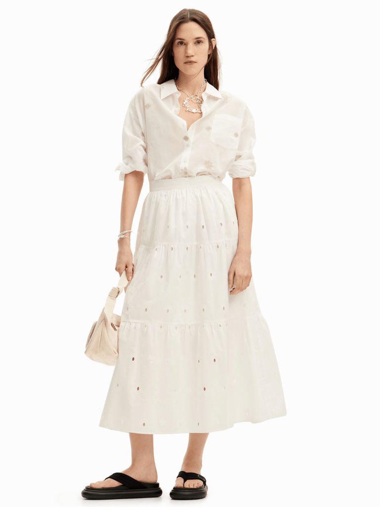 Desigual Embroidered Midi Skirt in White FW05 Desigual Stockist Online Signature of Double Bay European Spanish Fashion Mature Fashion jackets Blazers dresses shirts