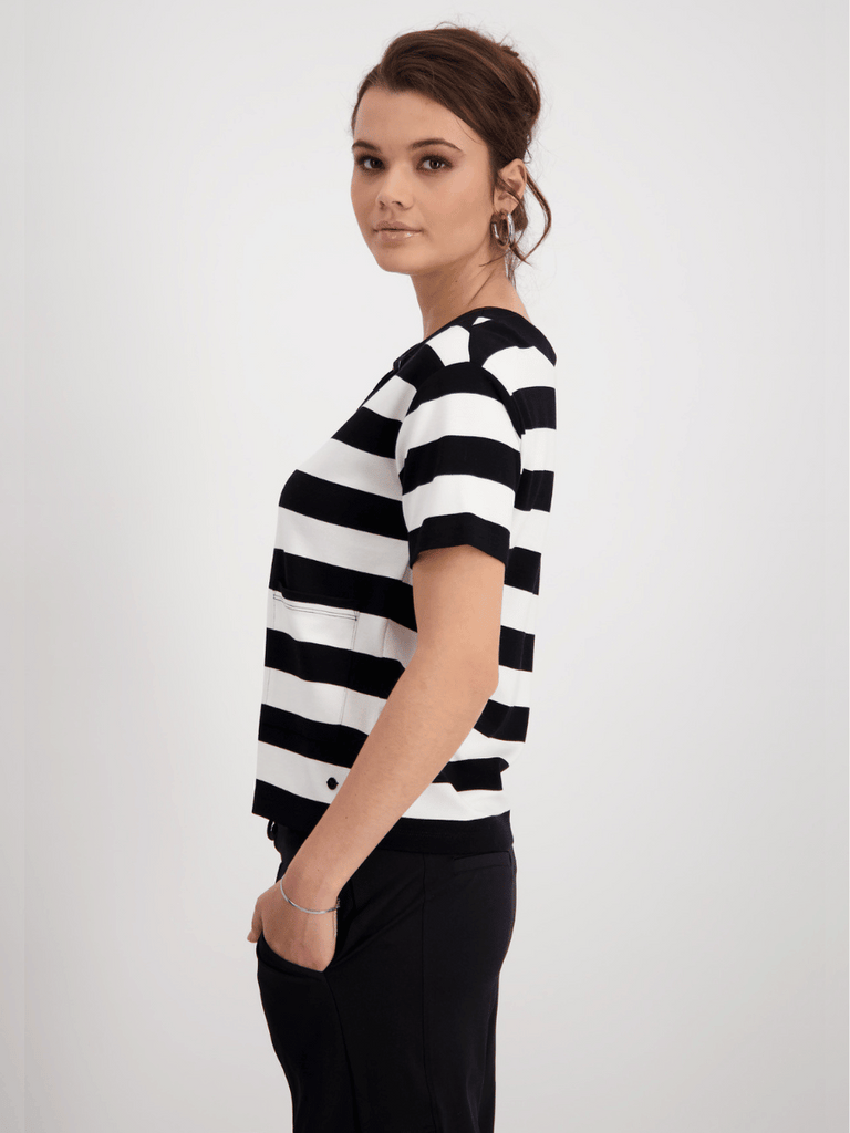 Monari Short Sleeve Tee in Black and Cream Block Stripe Discover the Elegant Monari Collection at Signature of Double Bay, Shop Stylish Knitwear, Dresses, and Tops Online from Sydney's Premier Mature Fashion Boutique