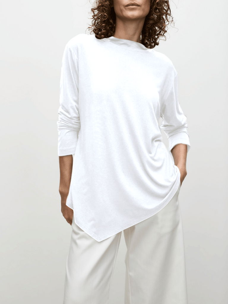 Mela Purdie Eclipse Asymmetrical Hem Sweater in White 8651 Buy Mela Purdie Stockist Australia Online Signature of Double Bay Matte Jersey Blouses professional