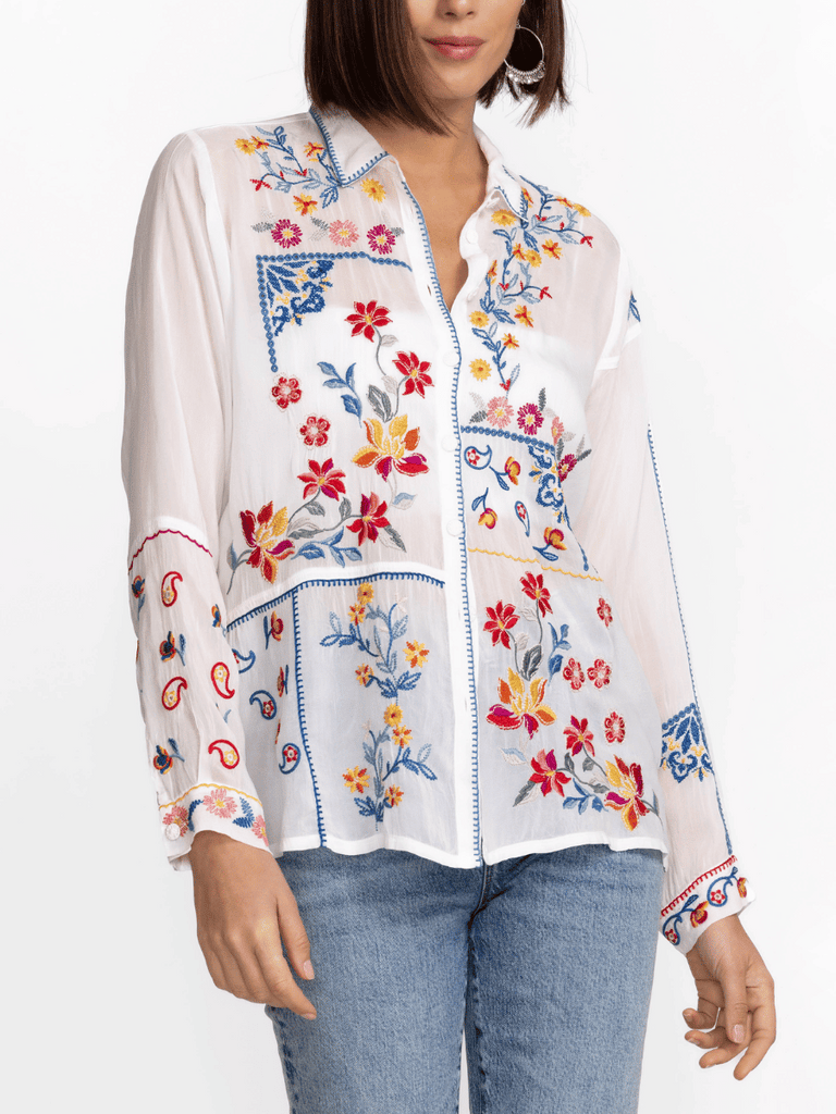 Johnny Was Zodea Button Front Collar Blouse with Floral Embroidery C14124 Shop Johnny Was Stockist Sydney Australia Boho Chic Clothing, Embroidered Dresses, and Unique Tops at Signature of Double Bay