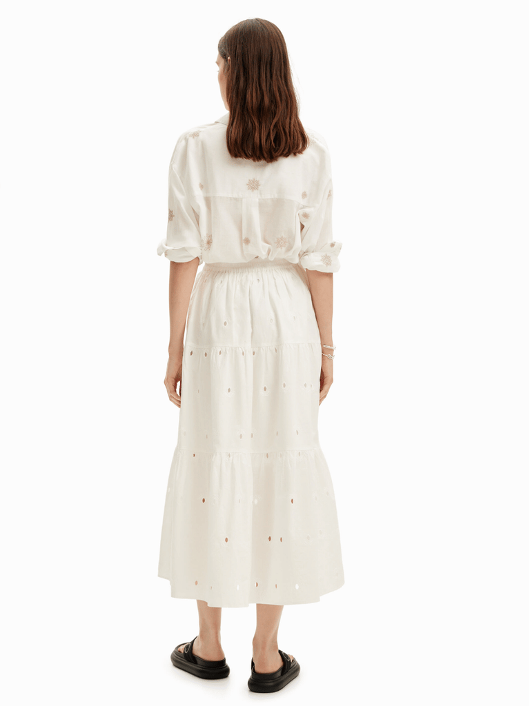 Desigual Embroidered Midi Skirt in White FW05 Desigual Stockist Online Signature of Double Bay European Spanish Fashion Mature Fashion jackets Blazers dresses shirts