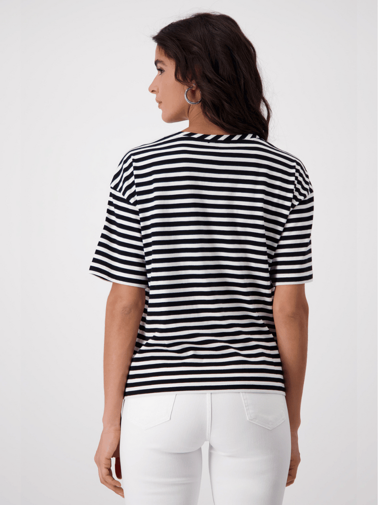 Monari Short Sleeve Tee in Black and White Narrow Stripe Discover the Elegant Monari Collection at Signature of Double Bay, Shop Stylish Knitwear, Dresses, and Tops Online from Sydney's Premier Mature Fashion Boutique