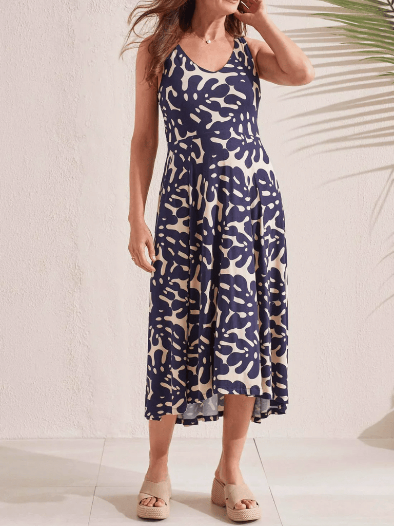 TRIBAL FASHION CANADA High-Low Cut Sleeveless Midi Dress in Blue and Cream Print Official Tribal Fashion Canada Stockist Sydney Australia Online Buy Signature of Double Bay