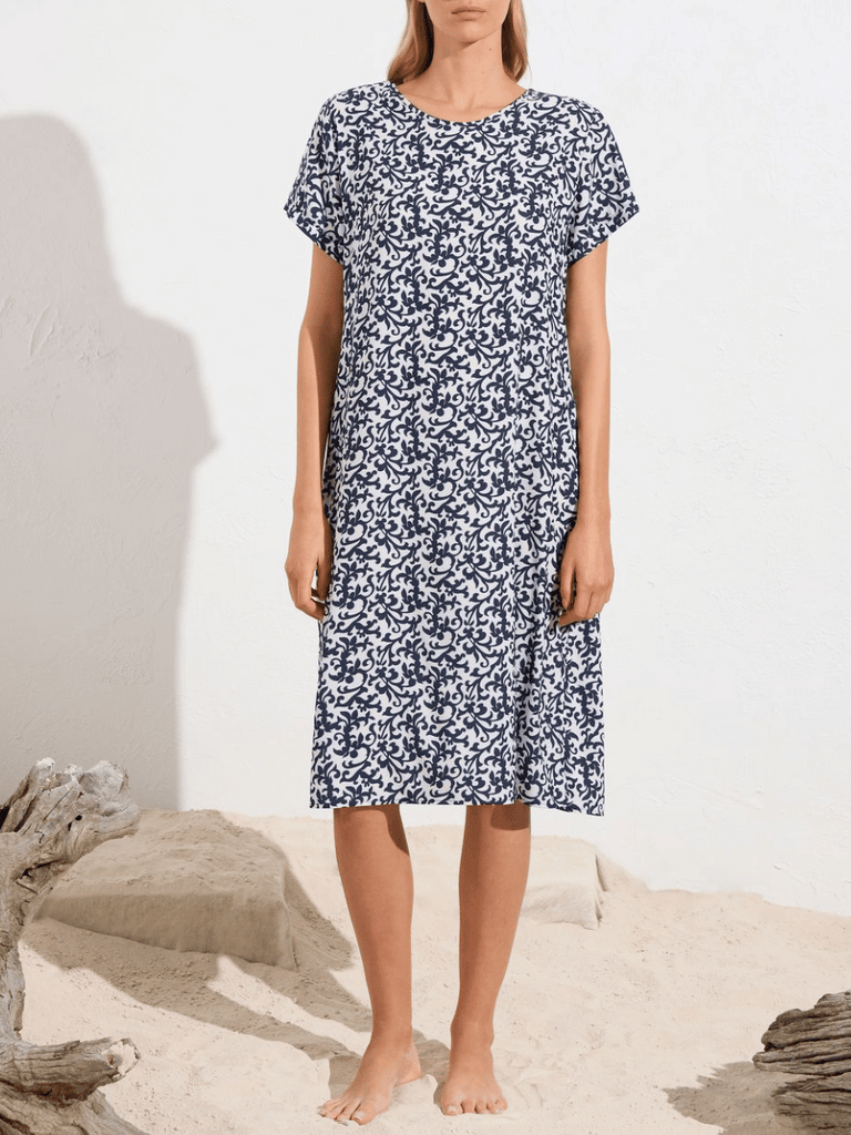 Mela Purdie Transit T Dress in Navy and White Quill Print Stretch Charmeuse Mela Purdie Stockist Online Australia Signature of Double Bay Tops Dresses Elegant Clothing