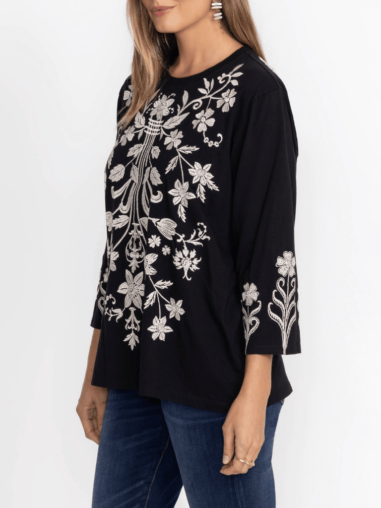 Johnny Was 3/4 Sleeve Crew Neck Tee Talithia in Black J16324 Shop Johnny Was Stockist Sydney Australia Boho Chic Clothing, Embroidered Dresses, and Unique Tops at Signature of Double Bay