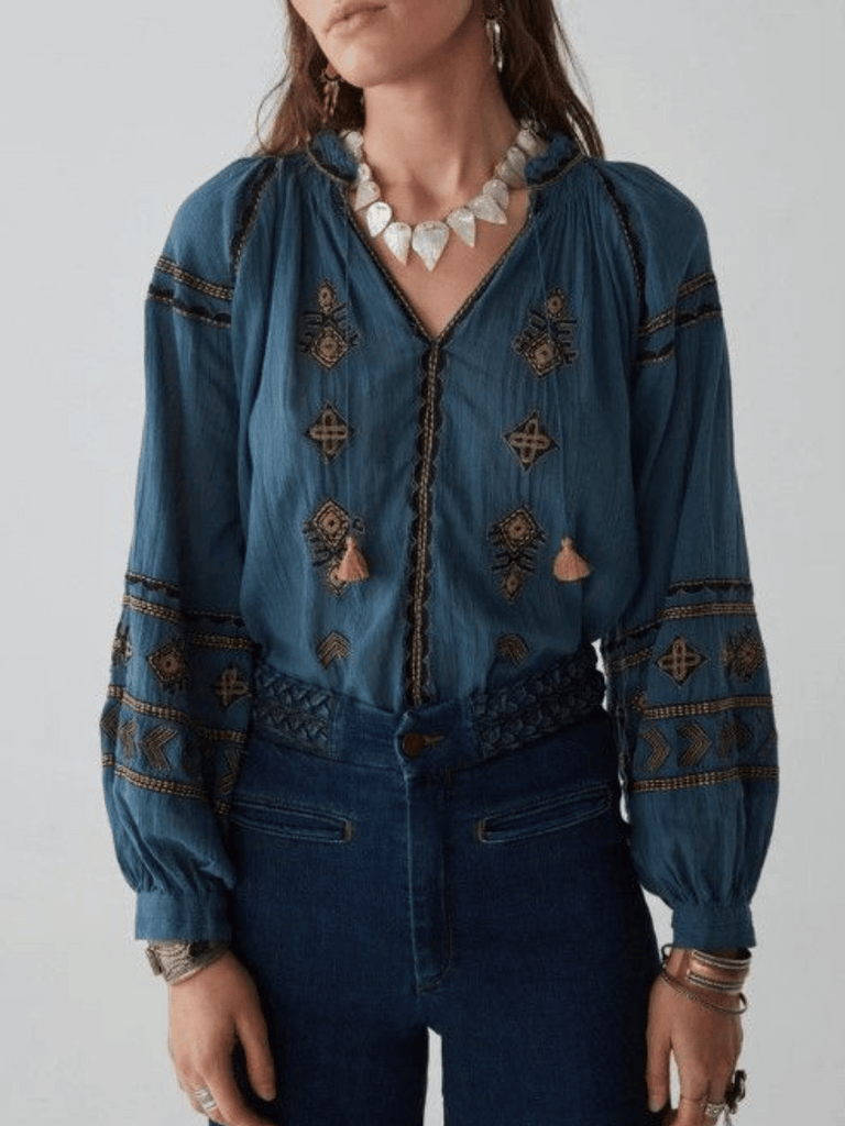 Maison Hotel Audrey Blouse in Celo Finito Dipinto Di Blu Shop Maison Hotel online store shirts pants and dresses in Sydney Australia official stockist Maison Hotel buy Bohemian french style clothing with hand embroidery and vintage style