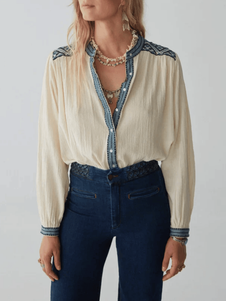 Maison Hotel Beth Blouse in Wandering Sapphire Shop Maison Hotel online store shirts pants and dresses in Sydney Australia official stockist Maison Hotel buy Bohemian french style clothing with hand embroidery and vintage style