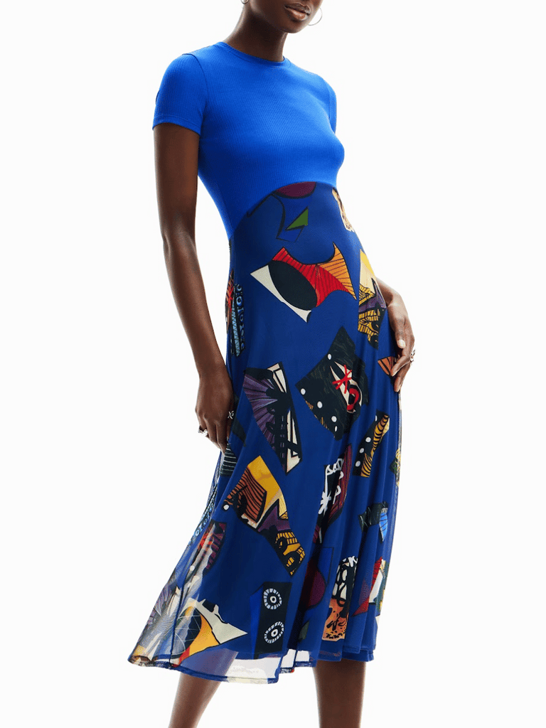 Desigual Christian Lacroix Short Sleeve Round Neck Midi Dress in Blue VK47 Shop Desigual Stockist Online Australia Signature of Double Bay Fashion Ethical mature fashion