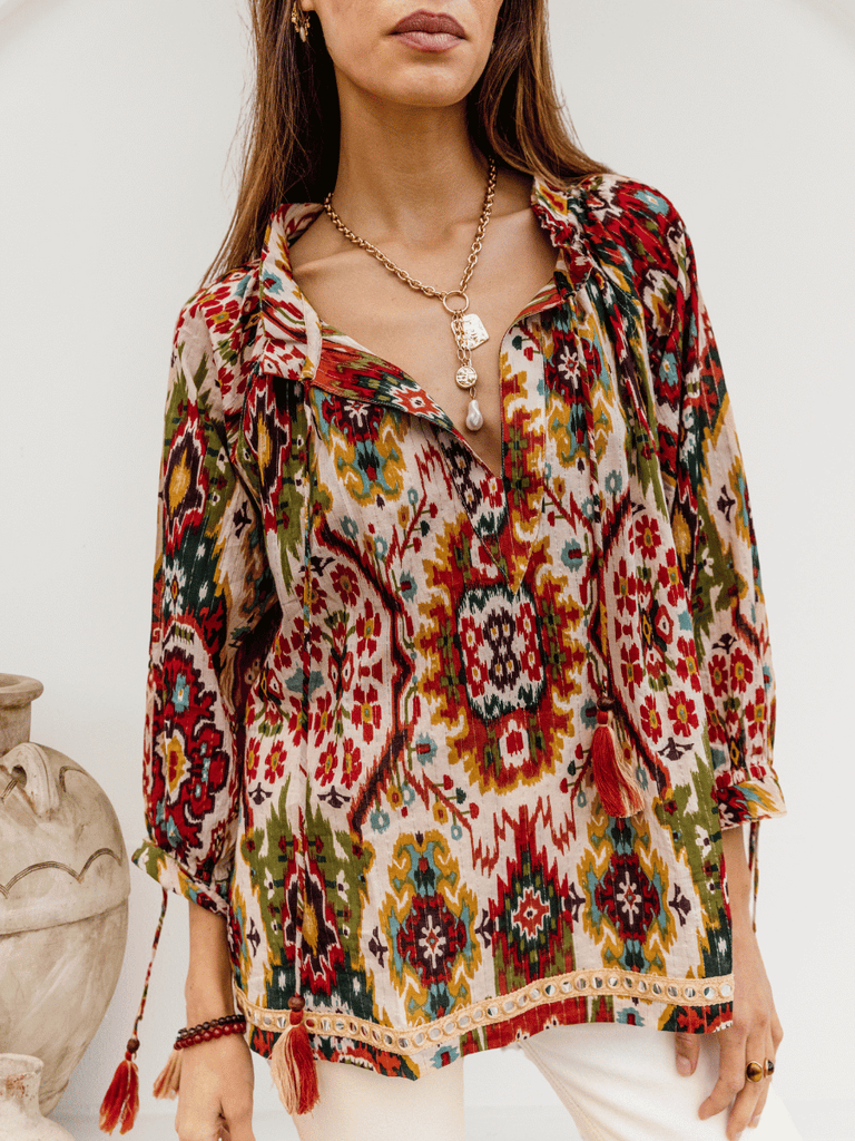 I Am Pylgrym Santorini Top in Moon Beam Ikat I Am Pylgrym pilgrim official stockist sydney online Signature of Double Bay in stock womens bohemian coastal clothing bold prints kaftans long dresses