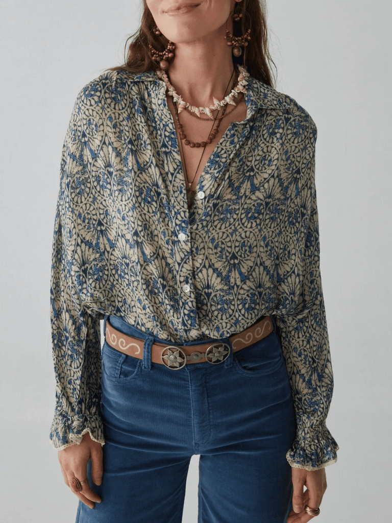 Maison Hotel Phoenix Blouse in Spiral Blues Lapis Lazuli Shop Maison Hotel online store shirts pants and dresses in Sydney Australia official stockist Maison Hotel buy Bohemian french style clothing with hand embroidery and vintage style