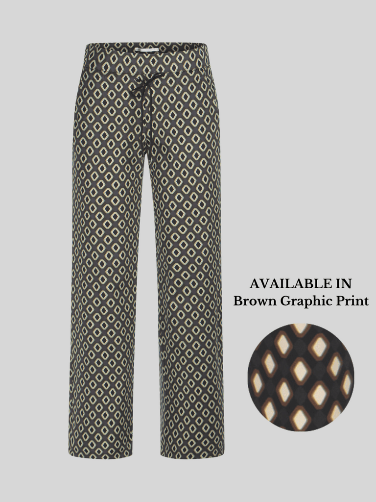 Raffaello Rossi Candice Straight Pant in Brown Geometric Print Raffaello Rossi european pant Candy Jersey Jogger Pant comfortable flattering pull on pant signature of double bay official stockist online in store sydney australia