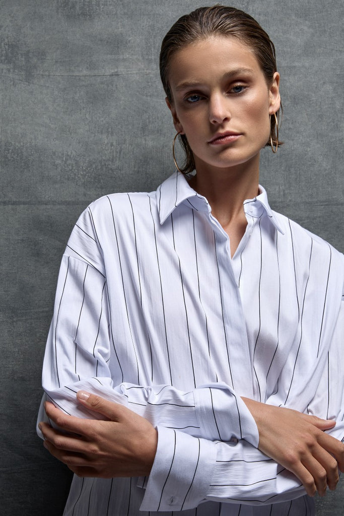 Mela Purdie Relaxed Button Front Mid Shirt in white and black pink stripe poplin 8460 Mela Purdie Stockist Online Australia Signature of Double Bay Tops Dresses Elegant Clothing