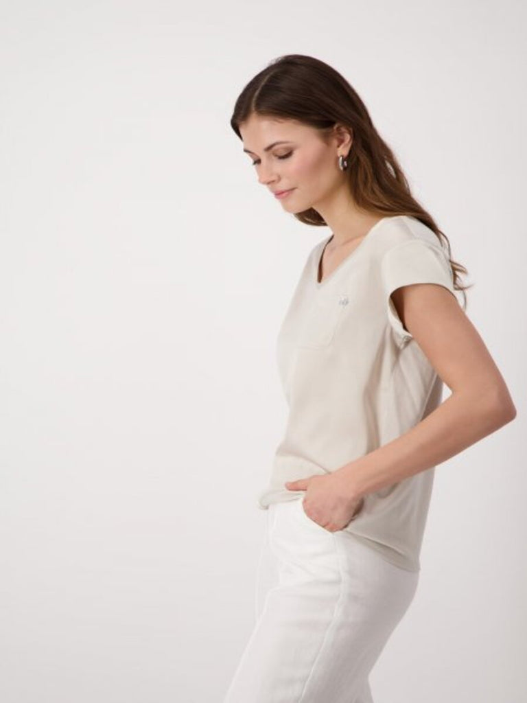 Monari Satin Blouse in Light Sand Beige 408809 Discover the Elegant Monari Collection at Signature of Double Bay, Shop Stylish Knitwear, Dresses, and Tops Online from Sydney's Premier Mature Fashion Boutique