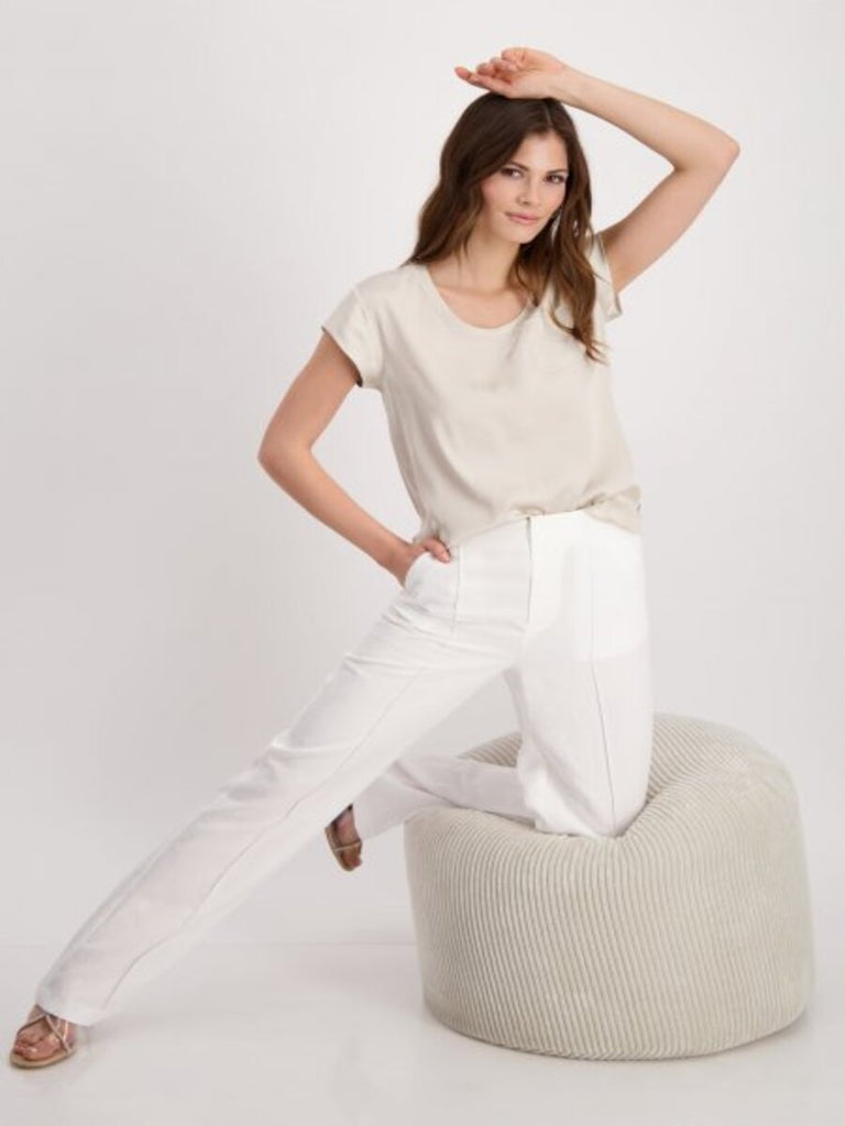 Monari Satin Blouse in Light Sand Beige 408809 Discover the Elegant Monari Collection at Signature of Double Bay, Shop Stylish Knitwear, Dresses, and Tops Online from Sydney's Premier Mature Fashion Boutique