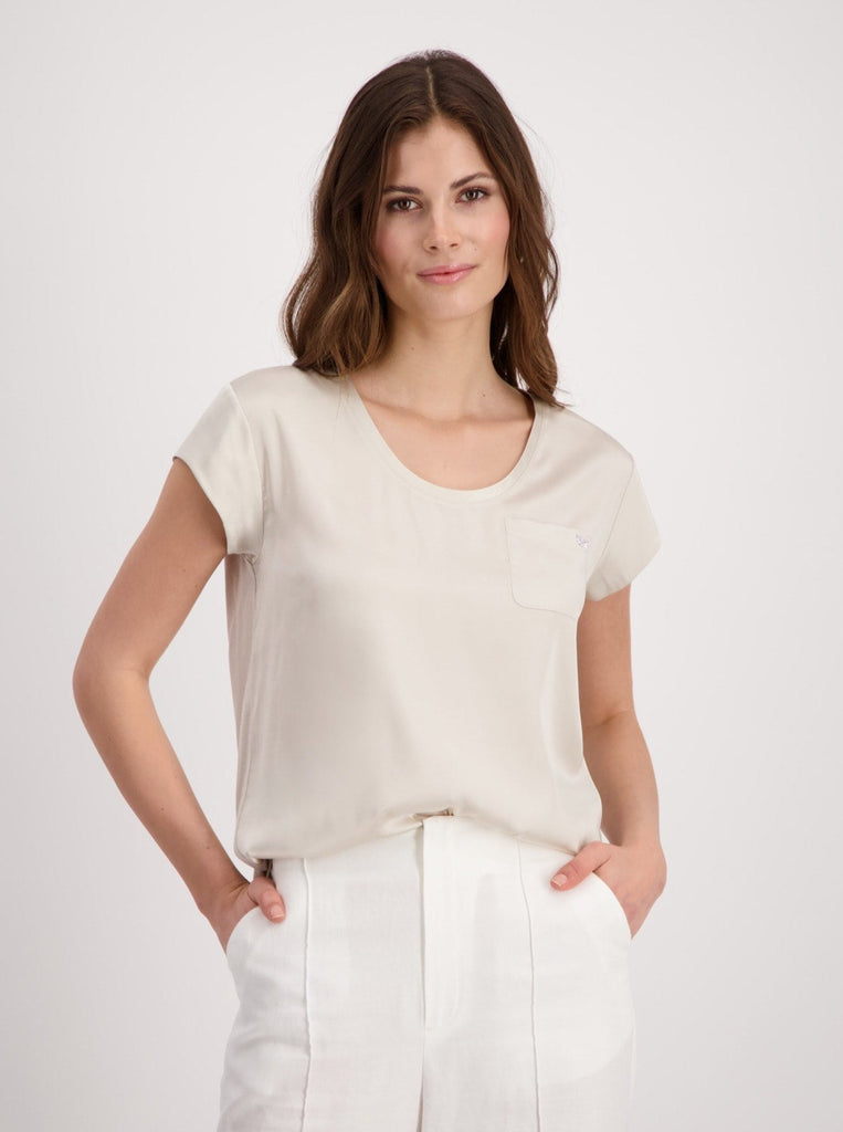 Monari Satin Blouse in Light Sand Beige 408809 Discover the Elegant Monari Collection at Signature of Double Bay, Shop Stylish Knitwear, Dresses, and Tops Online from Sydney's Premier Mature Fashion Boutique