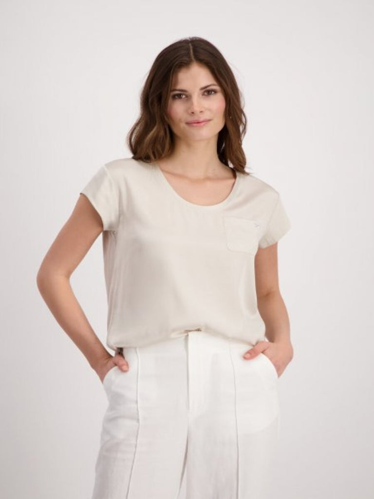 Monari Satin Blouse in Light Sand Beige 408809 Discover the Elegant Monari Collection at Signature of Double Bay, Shop Stylish Knitwear, Dresses, and Tops Online from Sydney's Premier Mature Fashion Boutique