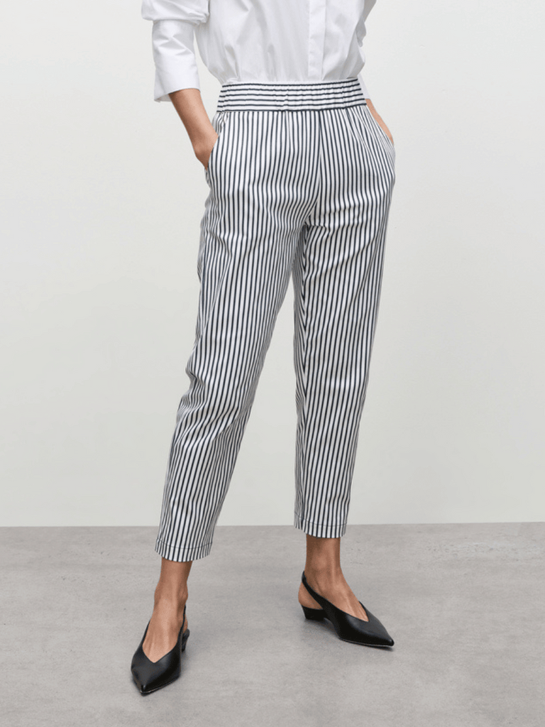 Mela Purdie Nomad Pant in Indigo Stripe Popilene 1478 Mela Purdie Stockist Online Australia Signature of Double Bay Tops Dresses Elegant Clothing