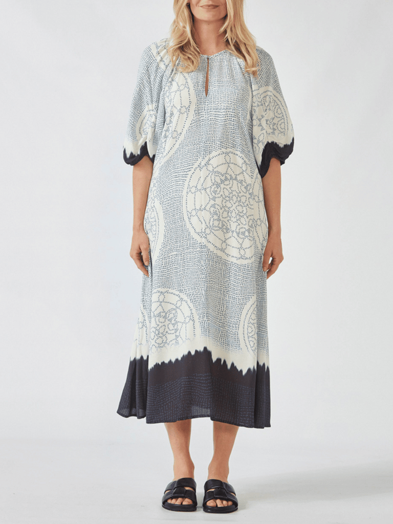 VERGE Coya Print Dress in Blue 9521 Verge Stockist Online Australia Signature of Double Bay Mature Fashion Acrobat Flattering